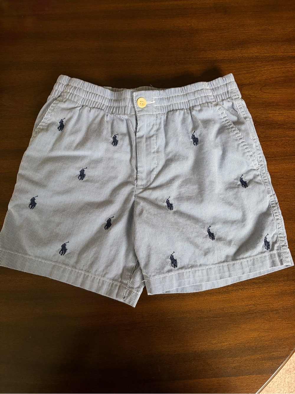 Ralph Lauren Boys Light Blue Striped Seersucker Shorts with Navy Pony Embroidery